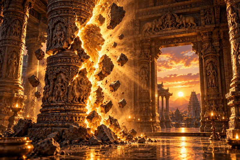 A carved stone pillar split open from top to bottom, golden fire pouring from the fracture with a lion's head emerging inside it, broken fragments suspended in the air; through an ornate doorway beyond, the sun sits on the horizon